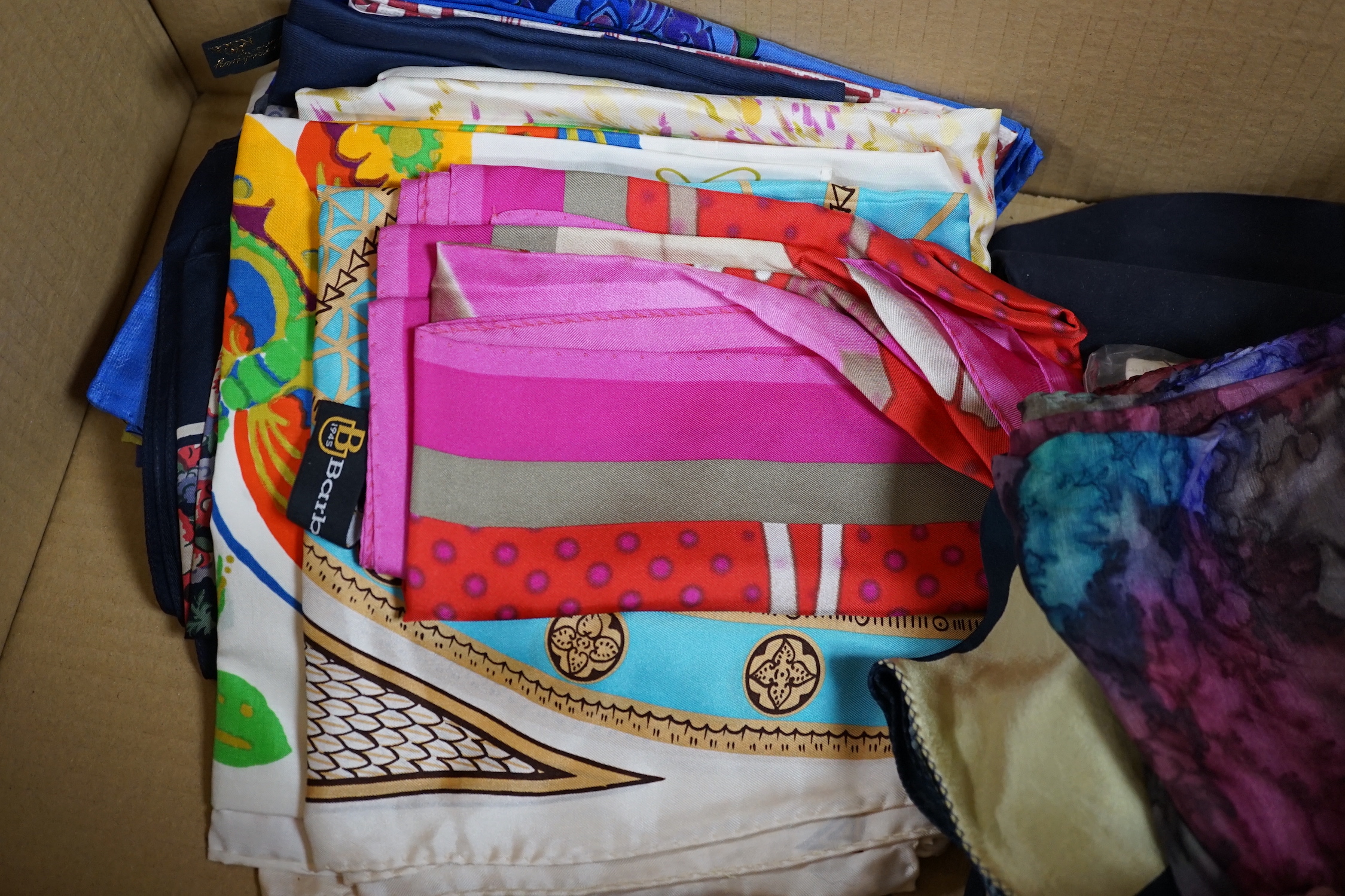 A group of silk and other scarves, kid gloves and three velvet ladies hats